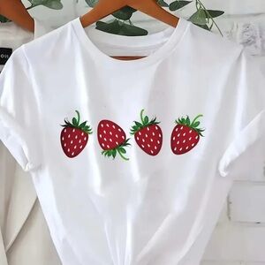 Strawberry Print Graphic Tee Shirt White Cotton Unisex Plus Size XL Oversized